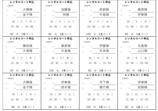 レンタルコ-ト当選者発表(125期前半分1)